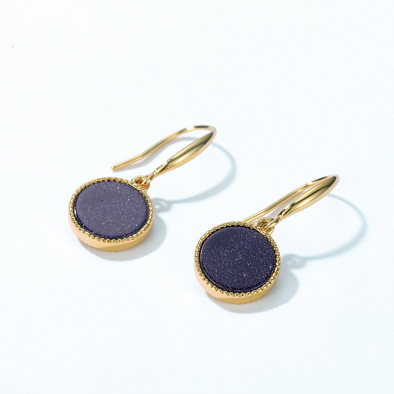 Elegant Blue Sandstone Wedding Jewelry Set - Solitaire Blue Goldstone Yellow Gold Minimalist Pendant Necklace & Stud Earrings for Brides, Engagement & Special Occasions