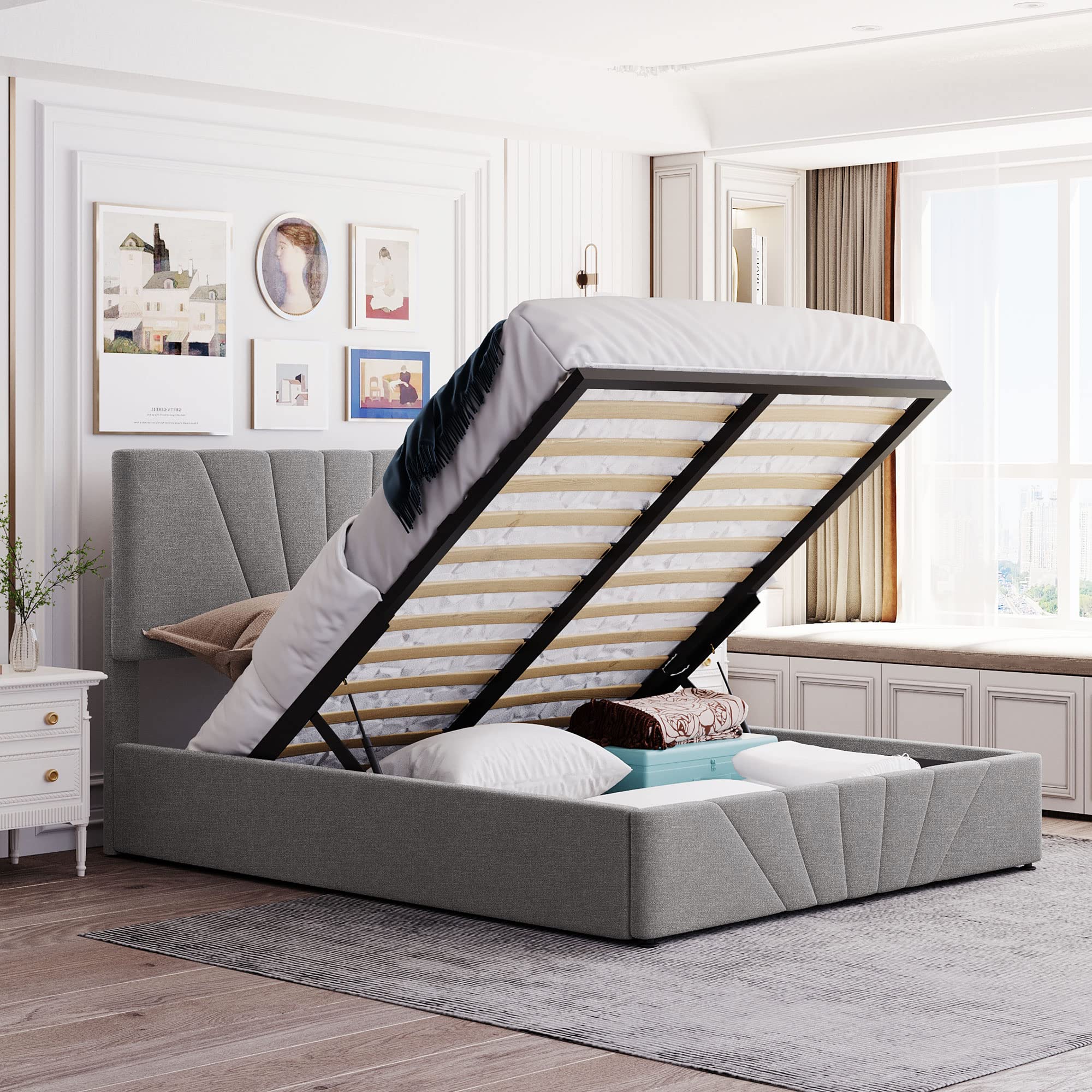 Queen Size Upholstered Storage Bed Frame with Tufted Headboard - Wooden Platform Bed for Teens & Adults, No Box Spring Needed (Grey) - Perfect for Small Bedrooms, Guest Rooms & Dormitories with Limited Space