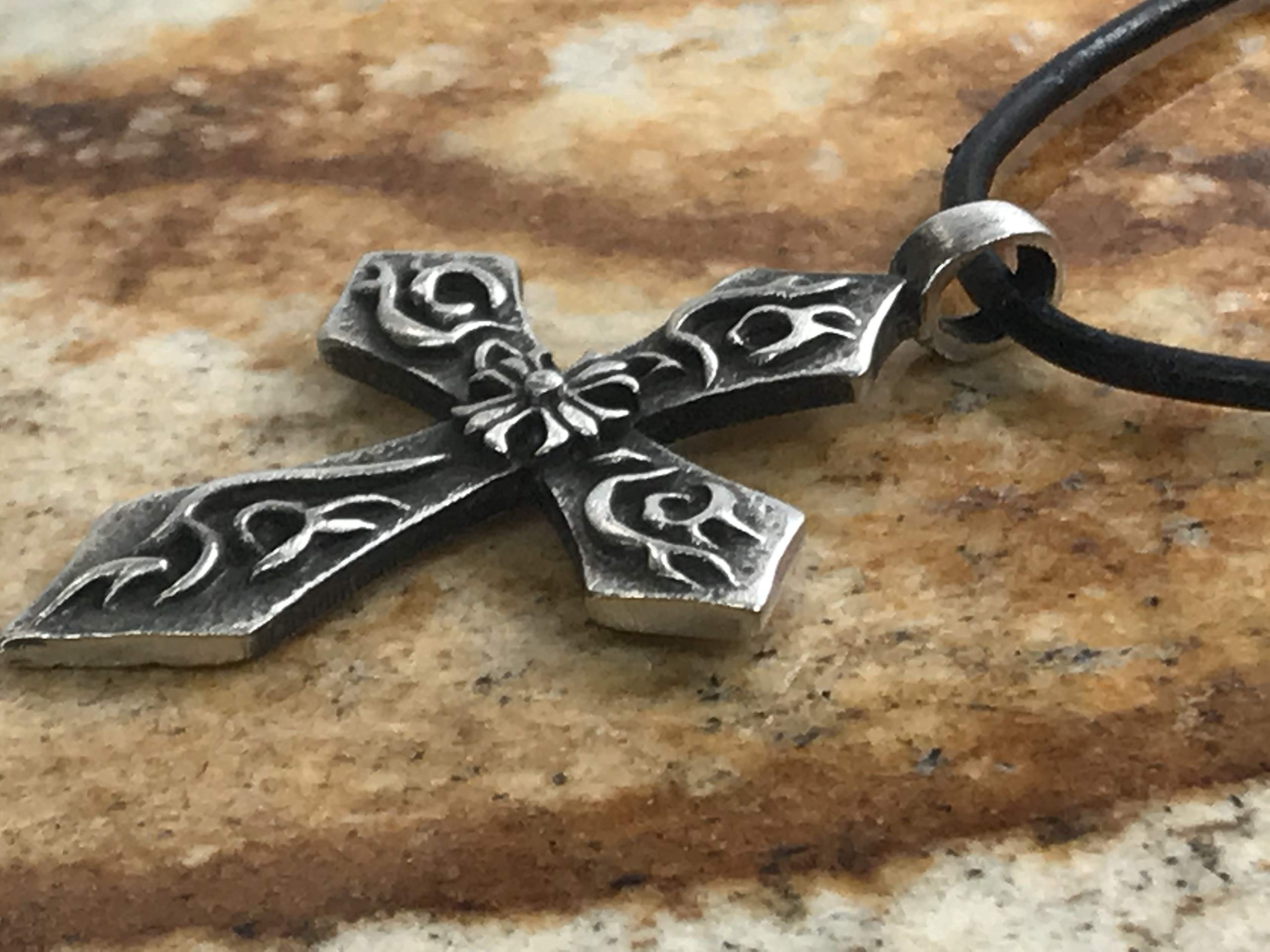 Trilogy Jewelry Pewter Flaming Cross & Iron Cross Pendant Leather Necklace for Men - Gothic Punk Style Religious Jewelry for Everyday Wear, Parties & Gifts