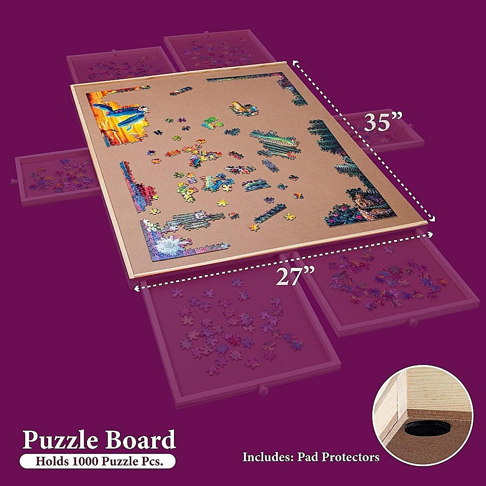 1500 Piece Rotating Wooden Jigsaw Puzzle Table with 6 Storage Drawers - Large Puzzle Board for Adults & Kids - Perfect for Family Game Night, Classroom Activities & Relaxation Therapy