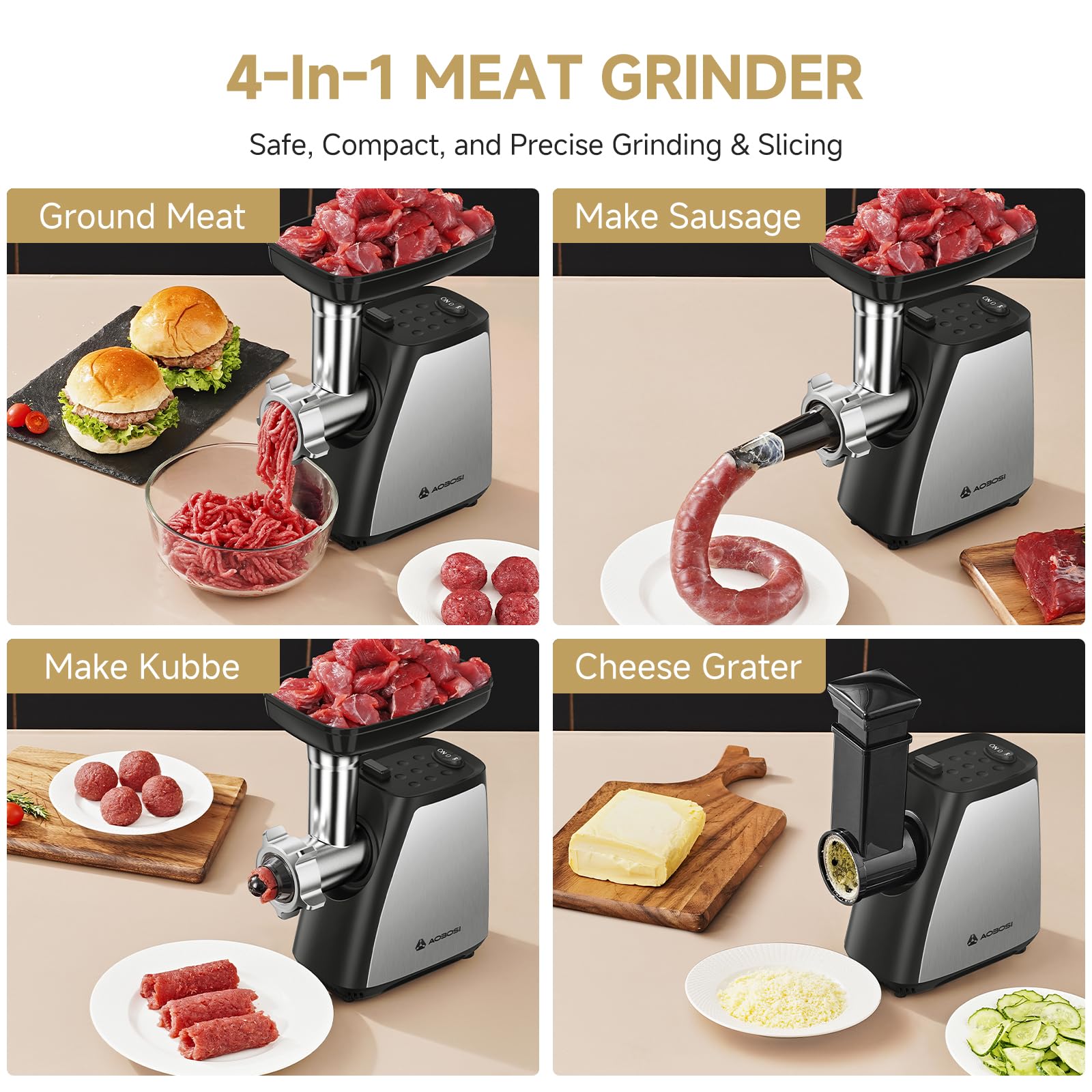 AAOBOSI 2800W Electric Meat Grinder - 4-in-1 Kitchen Appliance with 3 Slicing Blades, 2 Grinding Blades, 3 Plates, Sausage Stuffer & Kubbe Kit - Stainless Steel Meat Mincer for Home Kitchen, BBQ, Sausage Making & Food Prep