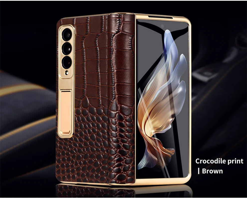 Premium Real Leather Phone Case for Samsung Galaxy Z Fold 6 with Hinge Kickstand - Slim Protective Cover for Work, Travel & Everyday Use