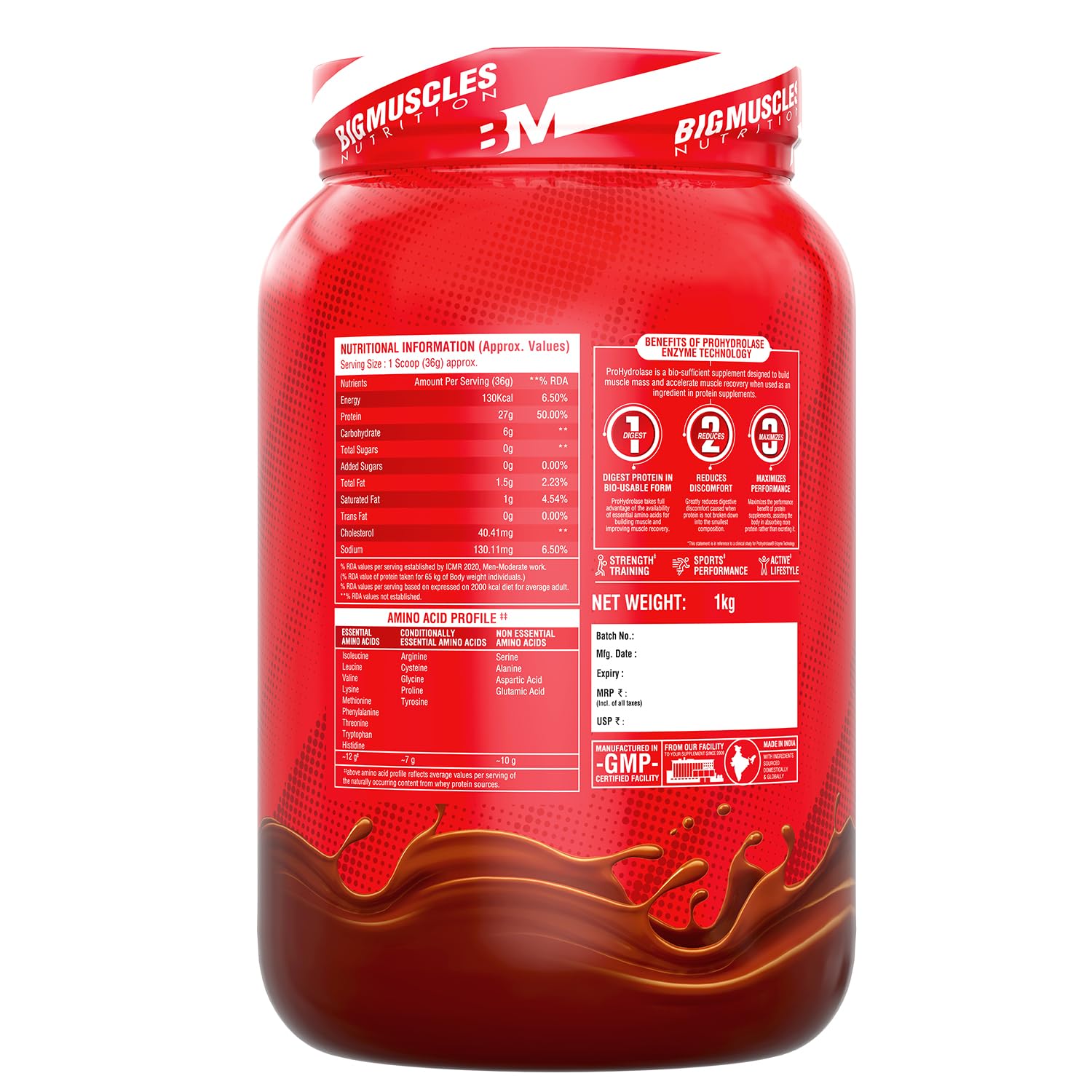 Bigmuscles Nutrition Nitric Whey Protein Powder - 27g Isolate Whey Protein per Serving with ProHydrolase Enzyme for Fast Absorption & Lean Muscle Growth - Rich Chocolate Flavor - 1Kg Pack - Ideal for Post-Workout Recovery & Muscle Building