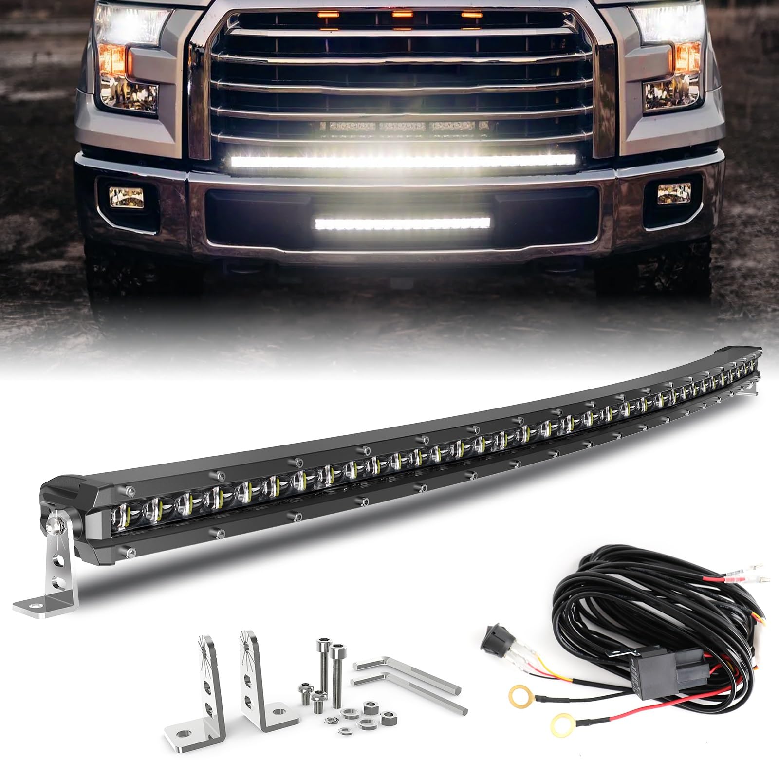 BraveWAY 38 Inch Curved LED Light Bar - Single Row Offroad Driving Light with Spot Flood Combo Beam - Waterproof LED Work Light for Trucks, UTV, ATV, SUV, 4WD, 4X4 Pickup - Perfect for Night Off-Roading, Camping & Emergency Lighting
