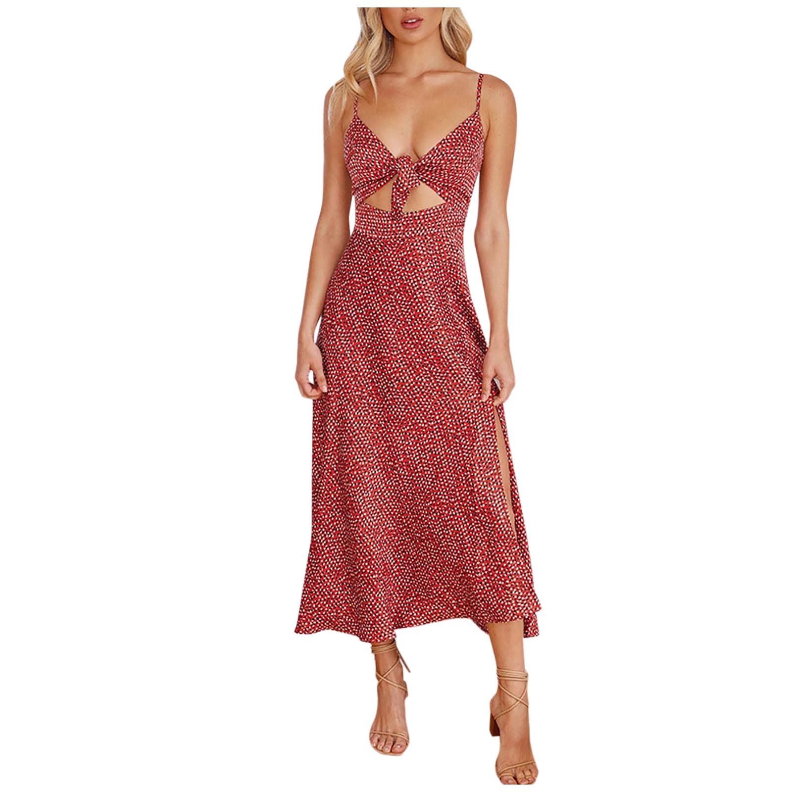 Women's Summer Sling Dress - Floral Print Hollow Slit Casual Sundress for Beach Vacation & Party (Red, XL) | Perfect for Poolside Lounging, Date Nights & Tropical Getaways