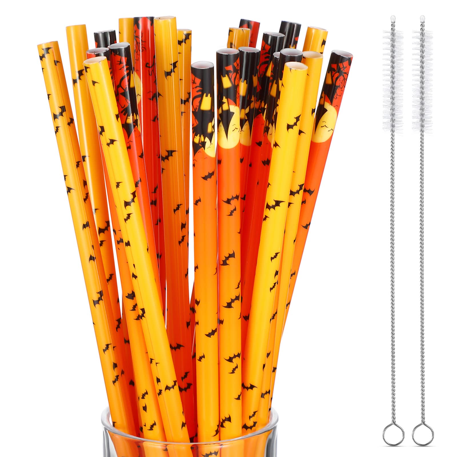 Halloween Reusable Plastic Drinking Straws with Cleaning Brush - 9 Inch Hard Plastic Straws for Tumblers, Cocktails & Kids Drinks - Bat Design (26 Pack) - Perfect for Halloween Parties, Themed Events & Home Decor