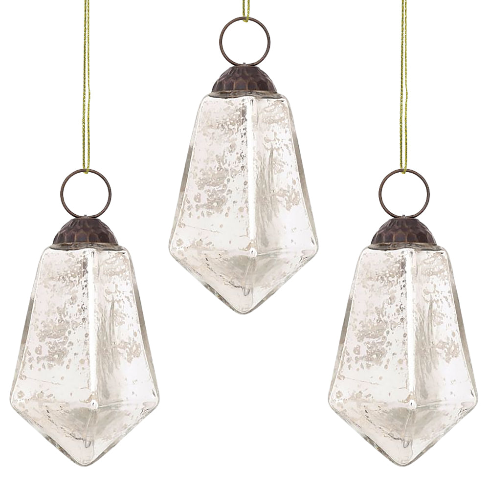 3 Pack Silver Kayla Mercury Glass Teardrop Ornaments - Elegant Christmas Tree Decorations for Holiday Home Decor & Party Decorating