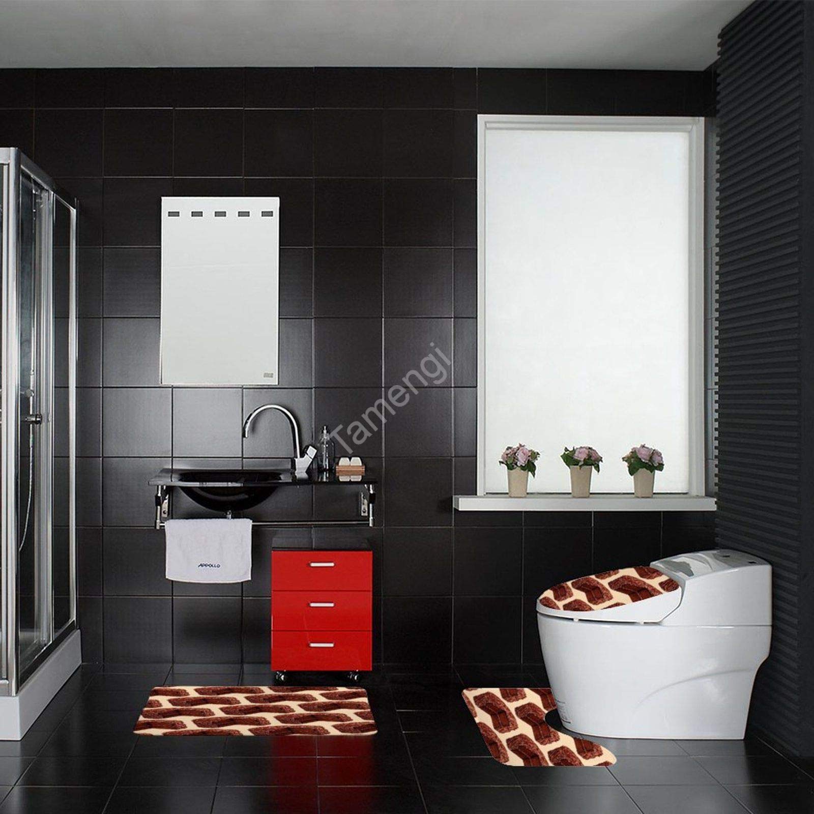 Non-Slip Bath Mats Set of 3 - Devil's Food Cake Pattern Bathroom Rugs with Toilet Lid Cover - Soft Absorbent Floor Mats for Bathroom, Shower & Doormat - Perfect for Home, Apartment & Guest Bath Decor