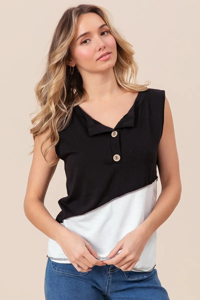 Stylish BiBi Color Block Contrast Stitching Buttoned Henley Top for Women | Trendy Casual & Workwear Blouse | Perfect for Office, Dating & Weekend Outfits