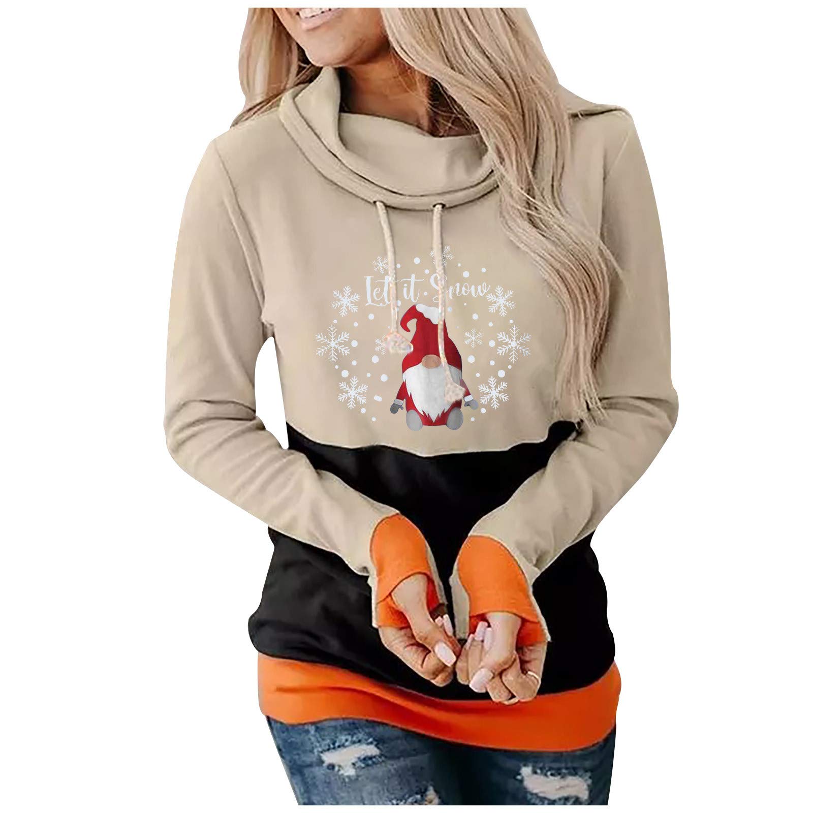 Wocahi Women's Christmas Hoodies - Patchwork Color Block Cowl Neck Pullover, Casual Floral Printed Hooded Sweatshirt | Thanksgiving & Holiday Gift for Sister, Wife, Girlfriend | Cozy Winter Outfit