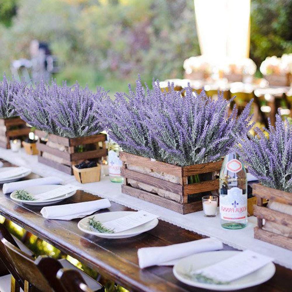8 Bundles Artificial Lavender Flowers - Flocked Plastic Fake Plants for Wedding Bouquet, Bridal Decor, Home, Kitchen & Office - Indoor & Outdoor Use (Purple, 8pcs) - Perfect for Centerpieces, Table Settings & Party Decorations