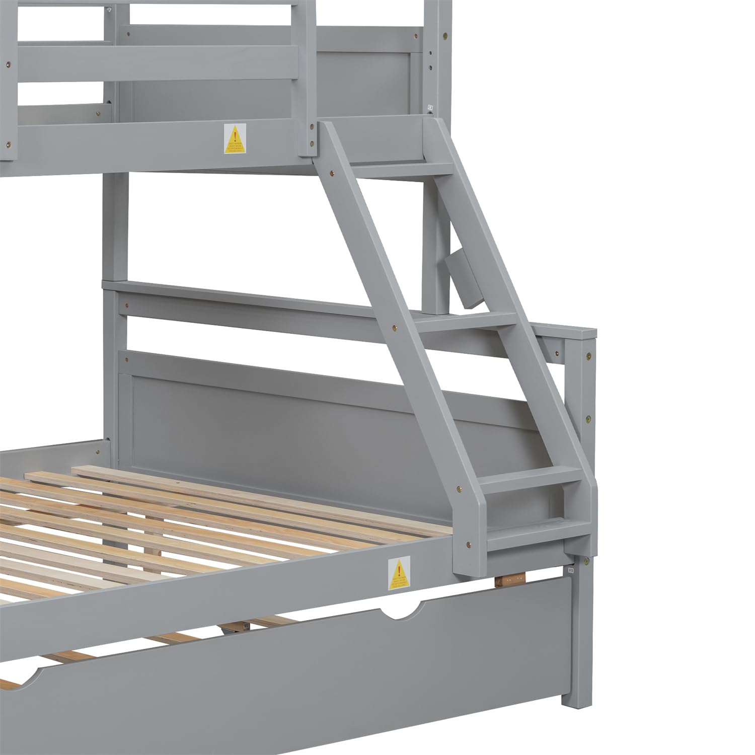 Merax Twin Over Full Wood Bunk Bed with Trundle - Solid Wood Frame, Guardrail & Ladder - Space-Saving Grey Bunk Bed for Kids, Teens & Guest Rooms - Perfect for Small Bedrooms, Vacation Homes & Shared Spaces