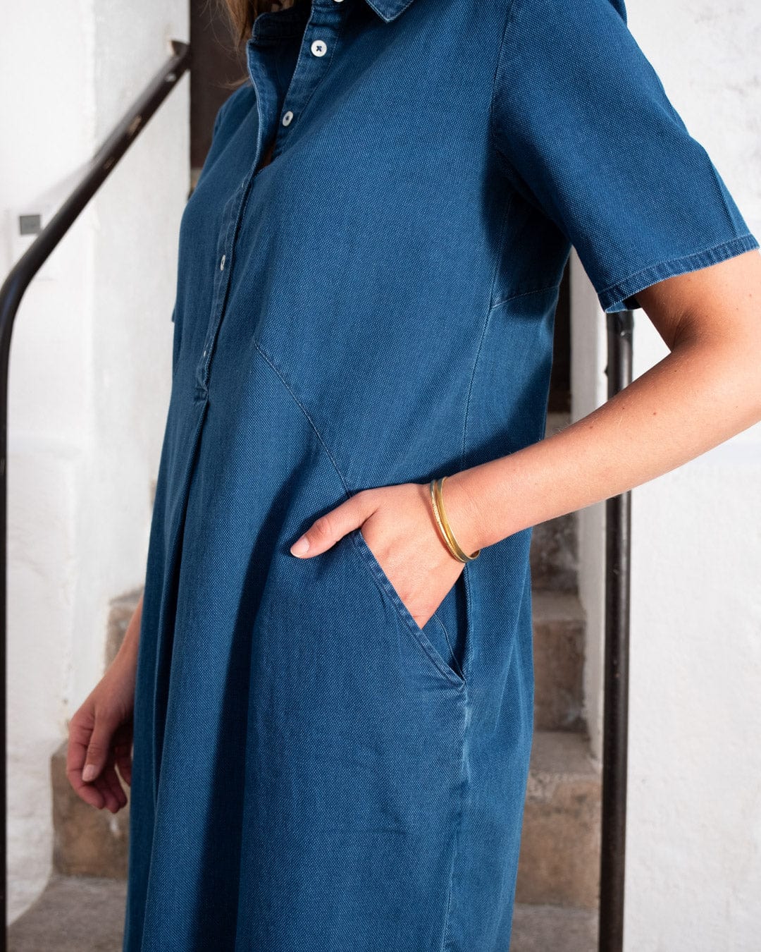 Alexa Women's Cotton Shirt Dress - Textured Denim Blue Casual Tunic | Perfect for Work, Weekend Outings & Spring Summer Wardrobe