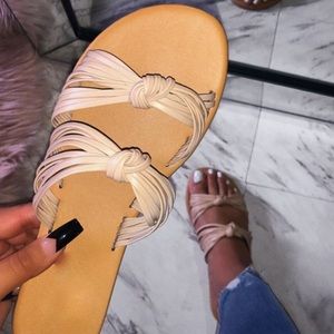 Vanessa Women's Nude Leather Sandals - Comfortable Casual Strappy Flat Sandals for Summer, Beach, and Everyday Wear
