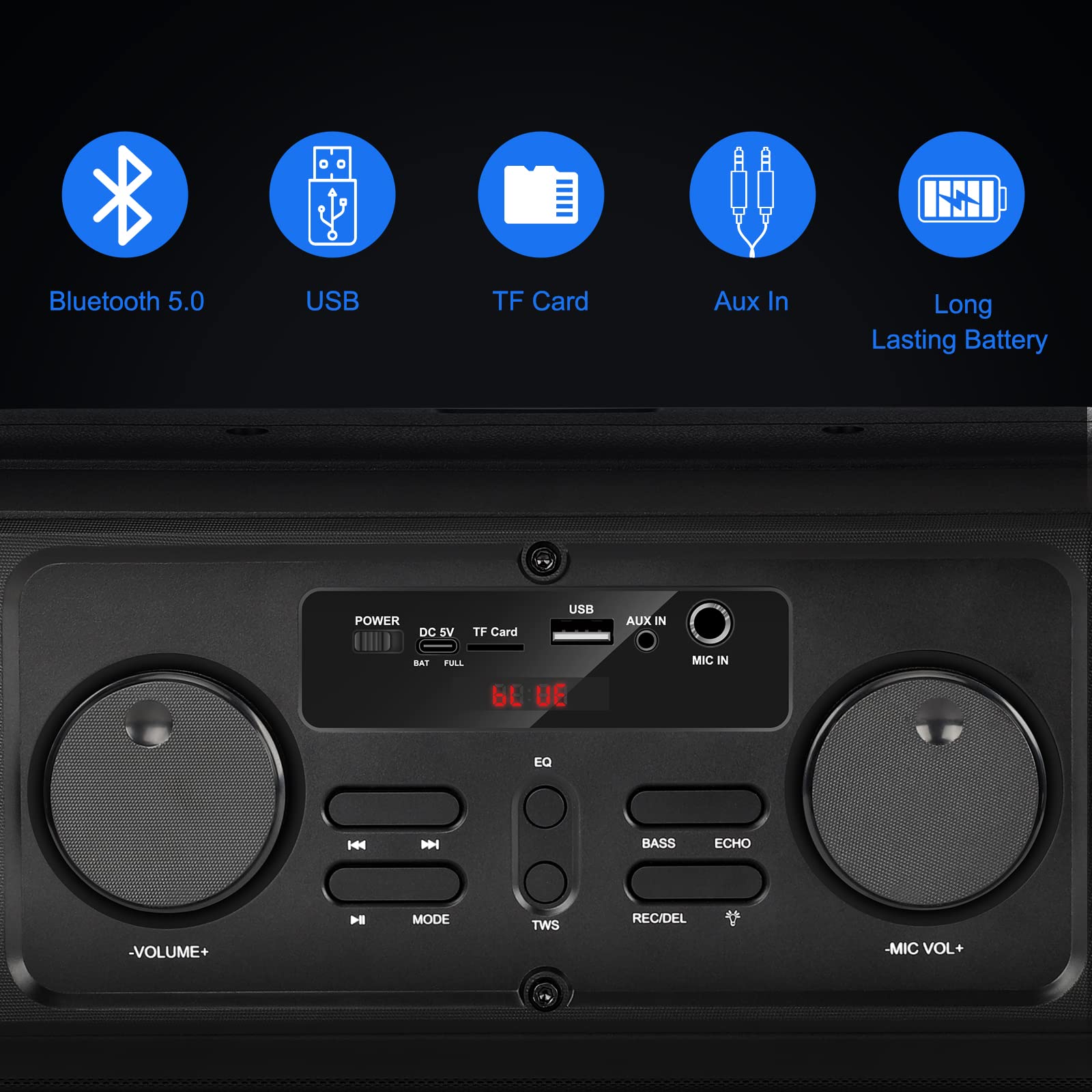 Hotec Portable Bluetooth Karaoke Machine with 2 Wireless Microphones - PA Speaker for Adults & Kids, LED Party Lights, TF/USB/AUX Input, TWS & Recording Function - Perfect for Home Parties, Outdoor Gatherings & Family Entertainment