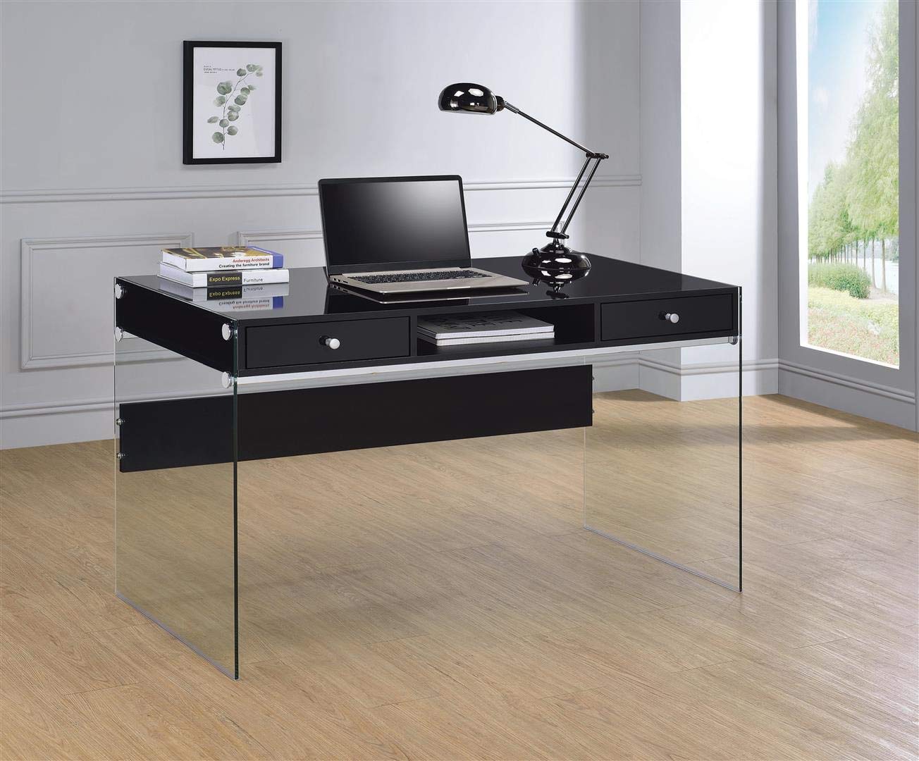 Glossy Black Coaster Writing Desk - Modern Home Office Desk for Study & Work, Compact Design Fits Small Spaces, Perfect for Students & Professionals
