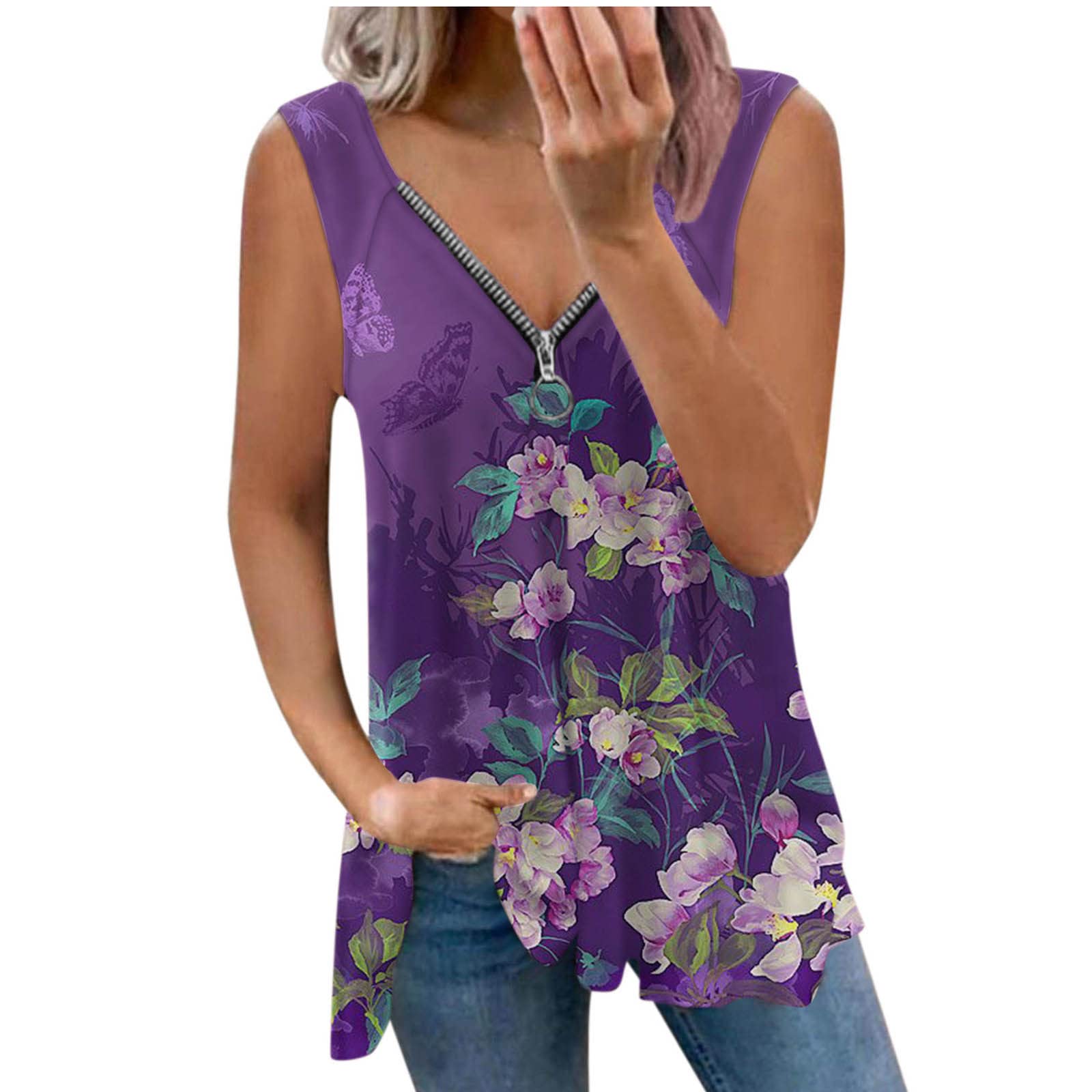 Ylioge Women's White Linen Shirt - V Neck Zipper Floral Tank Top Loose Blouse for Summer, Beach & 4th of July Outfits | Casual Fashion Tops for Women