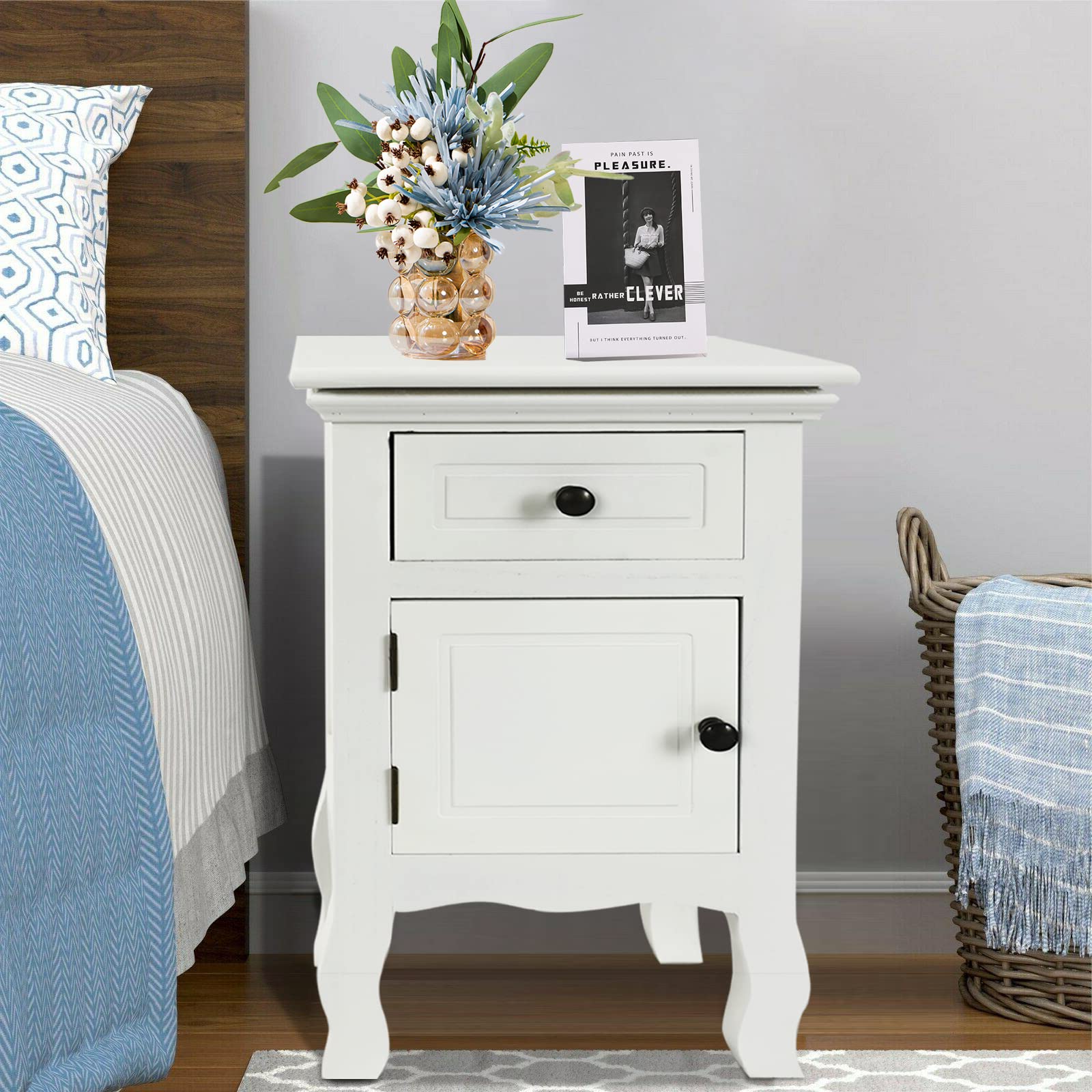 White Wood Nightstand with Drawers - Bedside Storage Organizer for Bedrooms & Small Spaces
