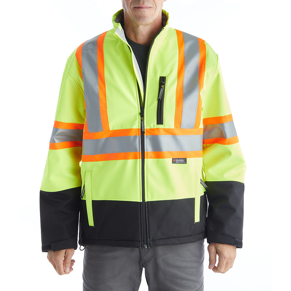Terra High Visibility Softshell Work Jacket - ANSI Certified Yellow Safety Jacket for Construction & Outdoor Work - Waterproof & Windproof Reflective Workwear for Men