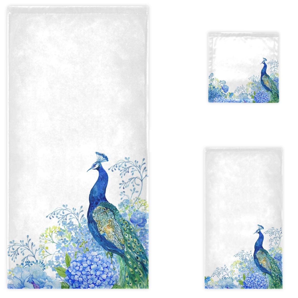 Luxury Peacock Floral Print Bath Towel Set - 3-Piece Soft Decorative Towels (1 Bath Towel, 1 Hand Towel, 1 Washcloth) for Bathroom, Hotel, Spa, Gym & Beach - Blue & White Design | Perfect for Home Decor, Guest Bathrooms & Luxury Resorts