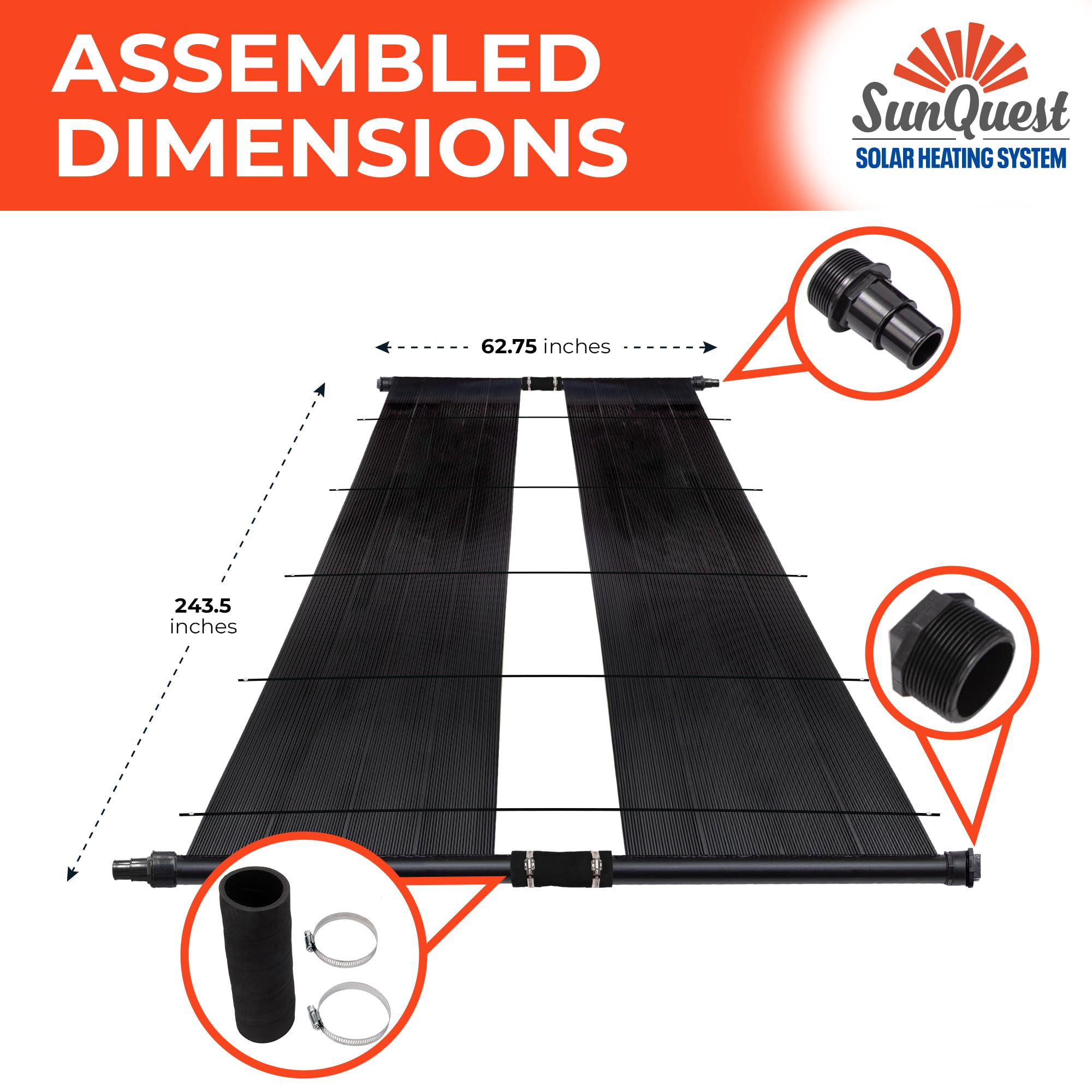 SunQuest Solar Pool Heater Panels - 2 Pack (2ft x 20ft) Solar Water Heater Collectors with Roof/Rack Kit - Energy Efficient Heating for Above Ground & Inground Pools - DIY Installation, UV Resistant Polypropylene Panels - Perfect for Backyard, Residential & Commercial Pool Heating