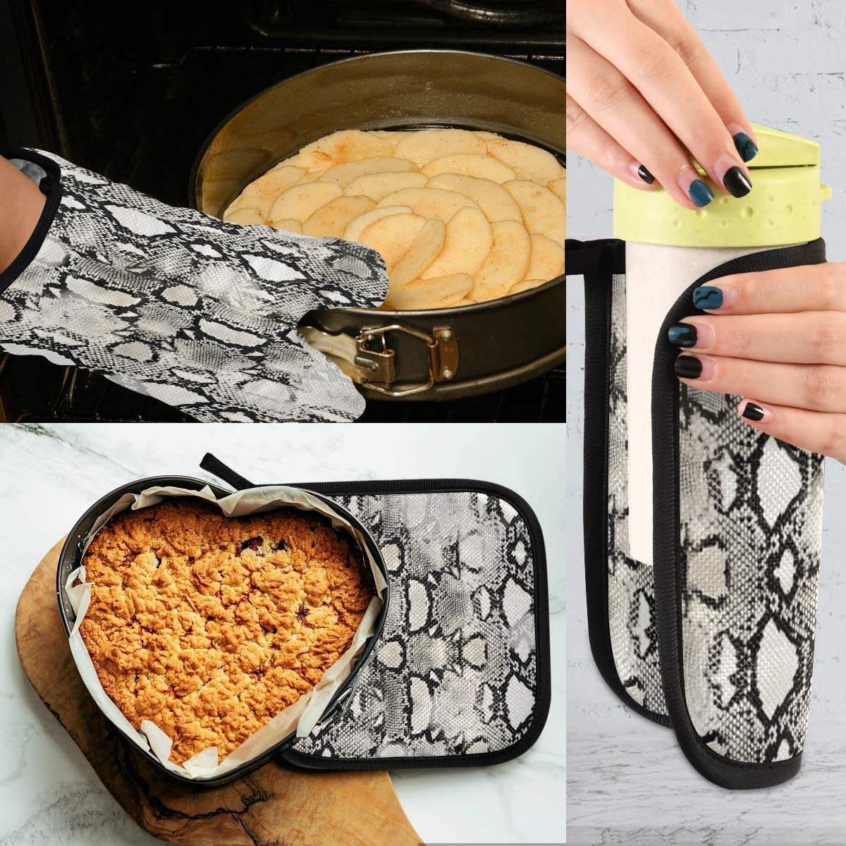 Gray Snake Print Oven Mitts and Pot Holders Set of 2 - Heat Resistant & Non-Slip Kitchen Gloves for Cooking, Baking, BBQ, Grilling - Perfect for Baking Cookies, Handling Hot Pans, and Outdoor Barbecues