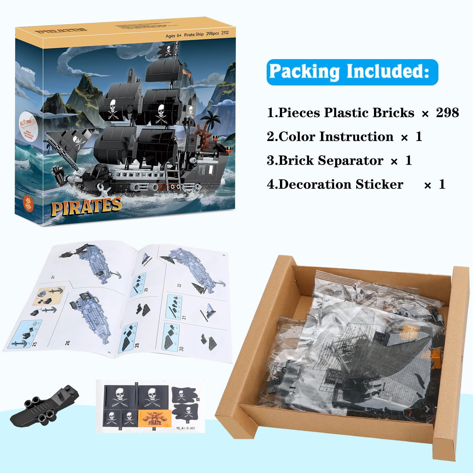 BRICK STORY 298-Piece Pirate Ship Building Set - Creative Black Ship Model Kit, Pirate Themed Boat Collection Toy for Kids & Adults Ages 6+ - Perfect for Birthday Gifts, STEM Learning & Family Bonding Activities