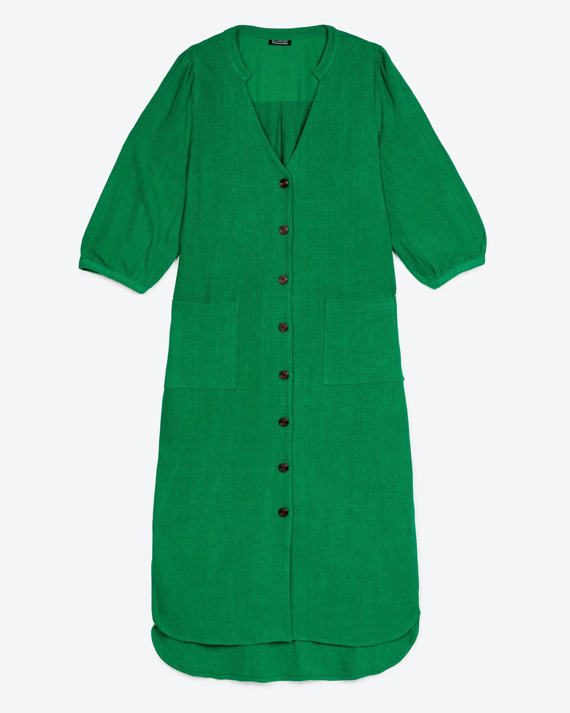 Lowie Women's Linen Viscose Emerald Green Button Through Midi Dress - Perfect for Summer Outings, Beach Vacations & Casual Office Wear