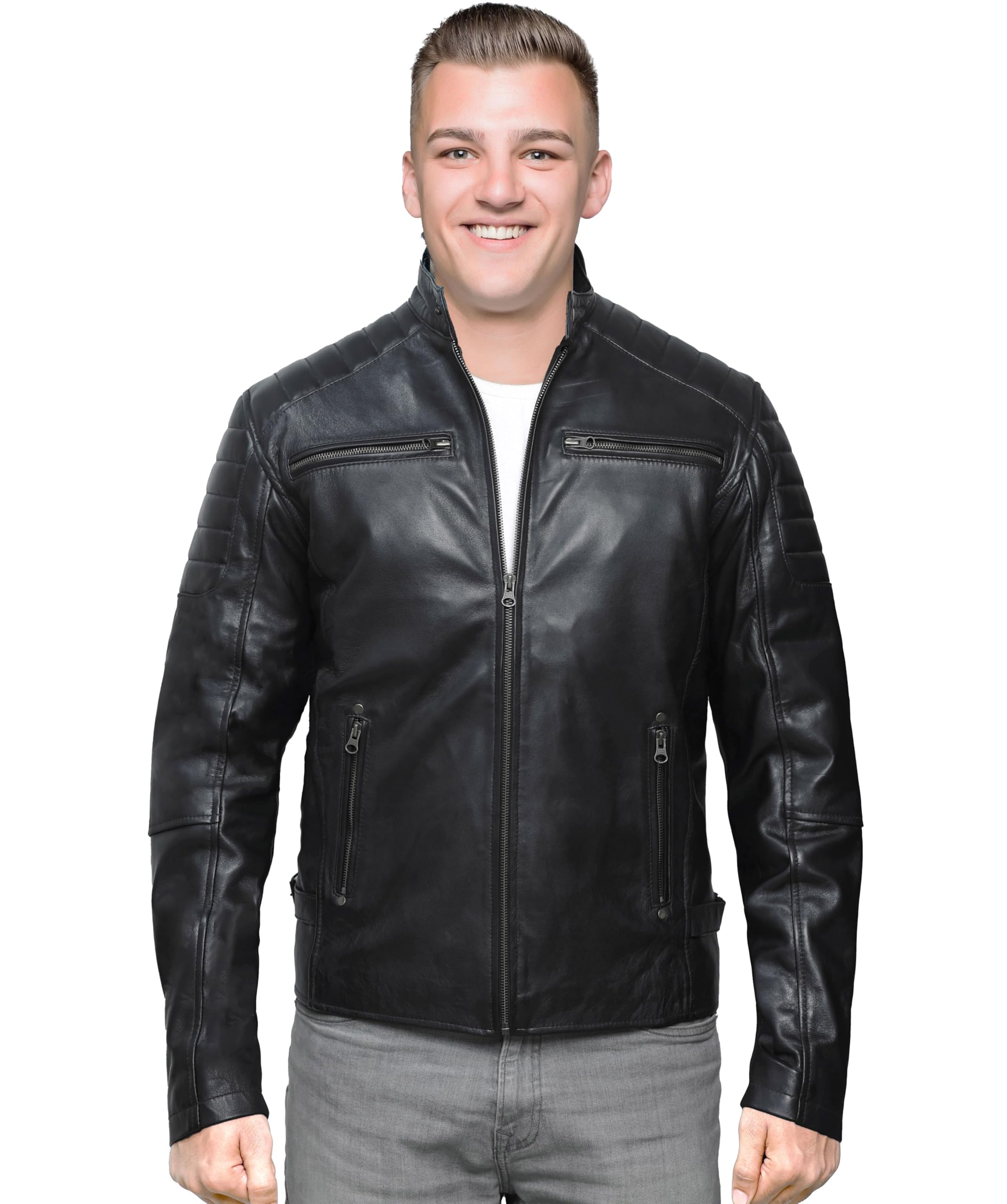 Vintage Cafe Racer Distressed Lambskin Leather Jacket for Men - Genuine Biker Motorcycle Jacket - Stylish Outerwear for Riding, Casual Wear & Night Out