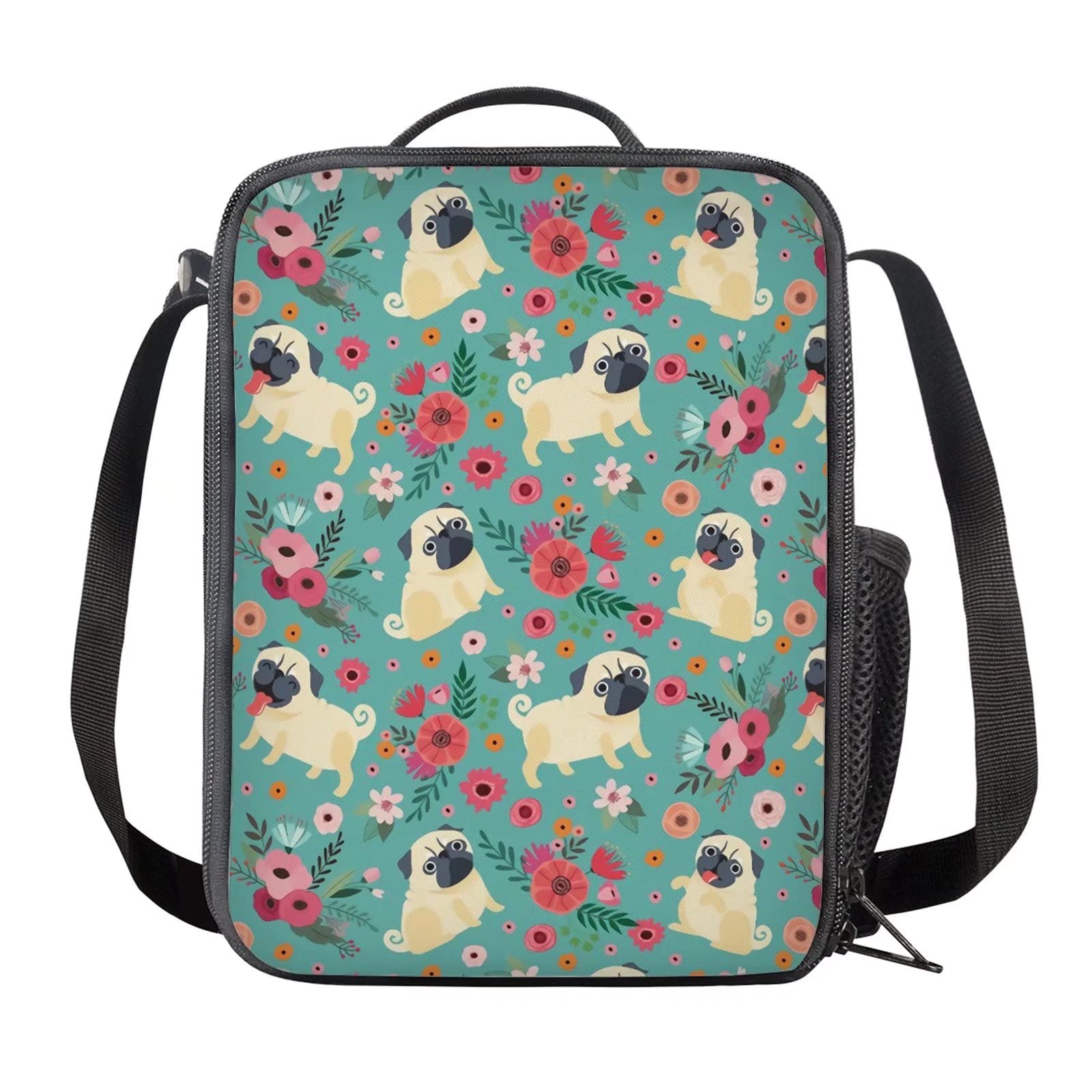 Insulated Pug Dog Floral Print Lunch Box for Kids - Portable & Leak-Proof School Lunch Bag for Boys & Girls - Cute Dog-Themed Meal Tote for School, Picnics & Travel - Green