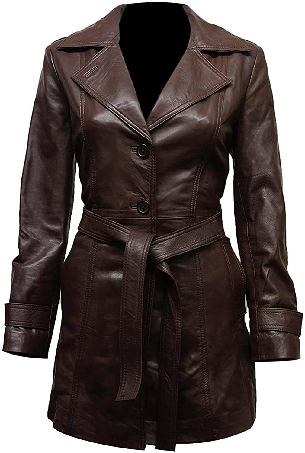 Women's Brown Leather Belted Trench Coat - Classic Long Jacket with Adjustable Waist for Fall & Winter | Office Wear, Date Night, Travel Outfit