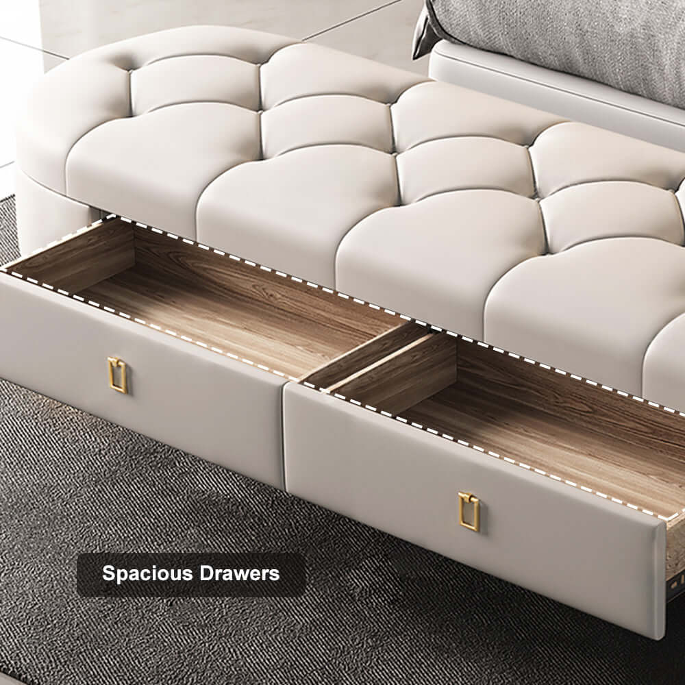 Modern Beige Tufted Leather Upholstery Storage Bench with 2 Drawers - Stylish Bedroom Seating & Organization Solution for Small Spaces, Entryway or Foot of Bed