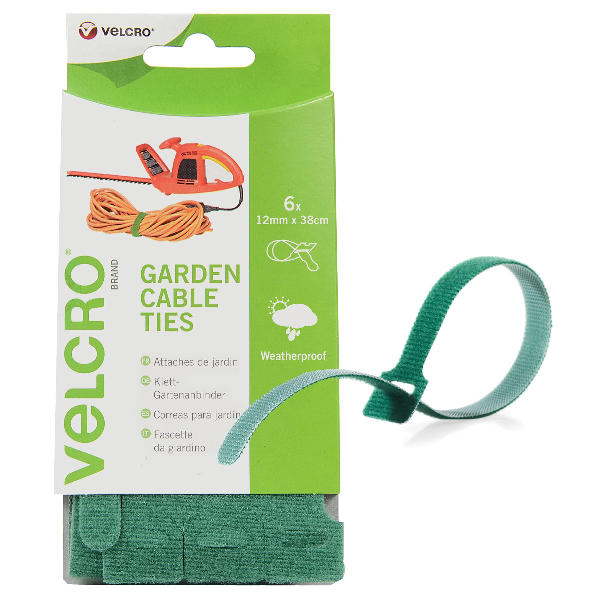 Velcro® Brand Reusable Garden Cable Ties - 12mm x 38cm Green (Set of 6) - Multi-Purpose Plant Support, Outdoor Cable Management & Organization for Gardening, Home, Office & DIY Projects