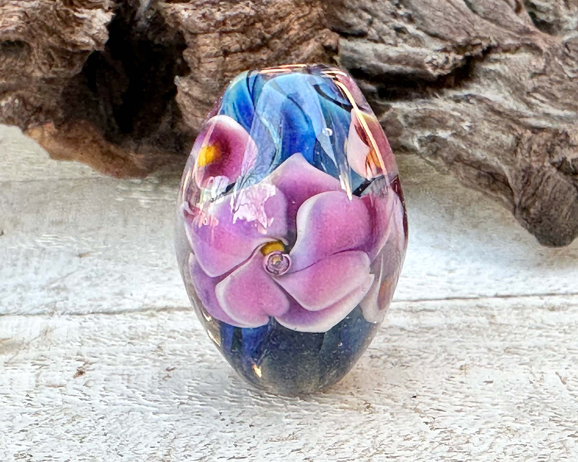 Purple Floral Blue Lampwork Glass Focal Bead for Jewelry Making - DIY Necklace, Bracelet, Earrings & Craft Projects