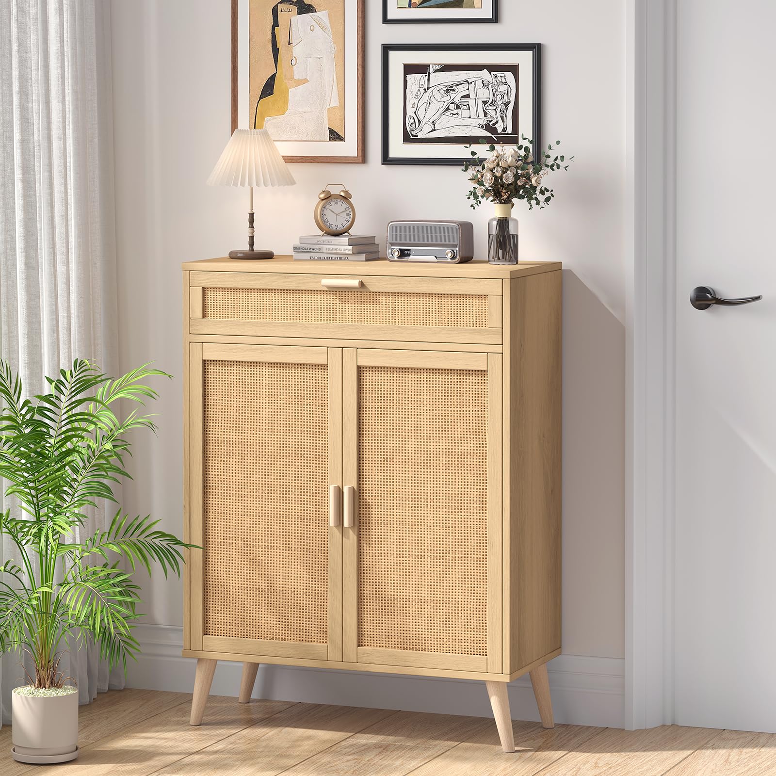 Rovaurx Natural Rattan Accent Floor Storage Cabinet with Large Drawer - Freestanding Bathroom Organizer Cabinet for Bedroom, Living Room & Home Decor (BMGZ107M)