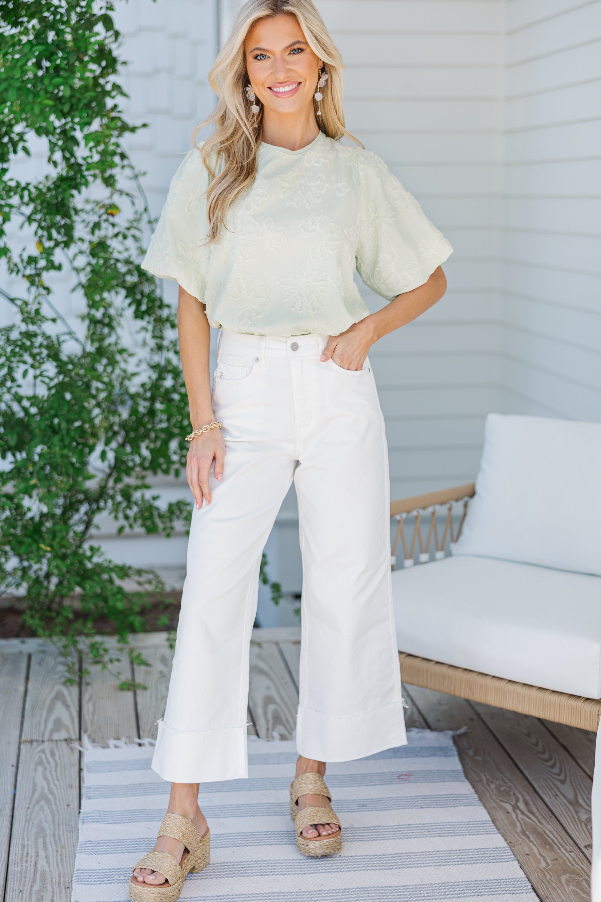 Elegant Mint Green Textured Floral Blouse for Women - Trendy Spring Summer Tops - Perfect for Office, Date Night & Casual Outings