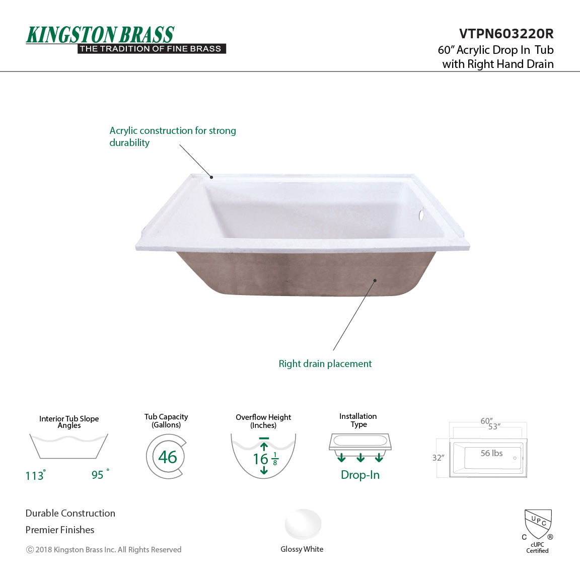 Aqua Eden 60 Inch Acrylic Rectangular Drop-In Bathtub - Right Hand Drain, Glossy White - Perfect for Modern Bathroom Renovation & Spa-Like Relaxation