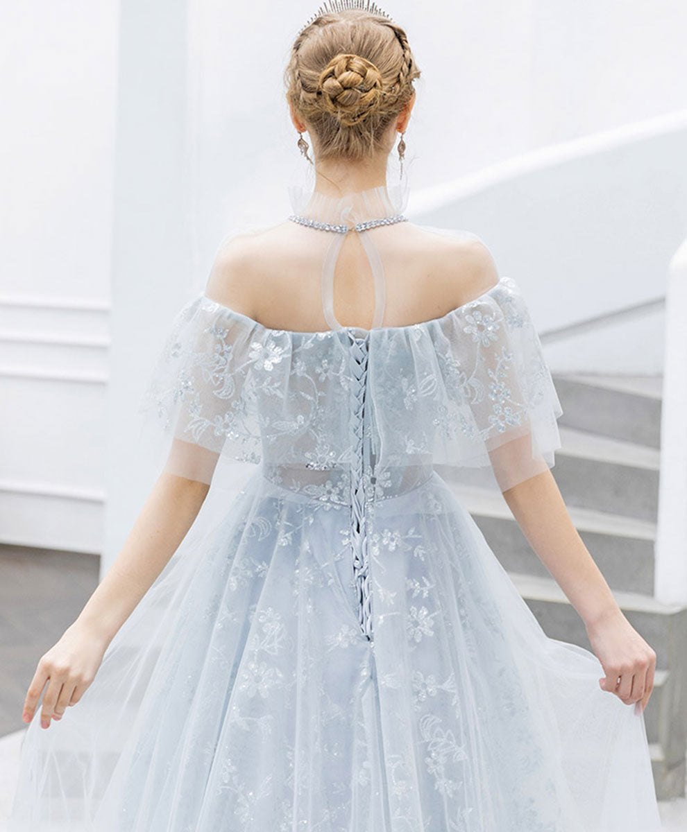 Elegant Gray Tulle Lace Long Prom Dress for Women - Formal Evening Gown for Homecoming, Wedding, Ball - Perfect for Special Occasions & Parties