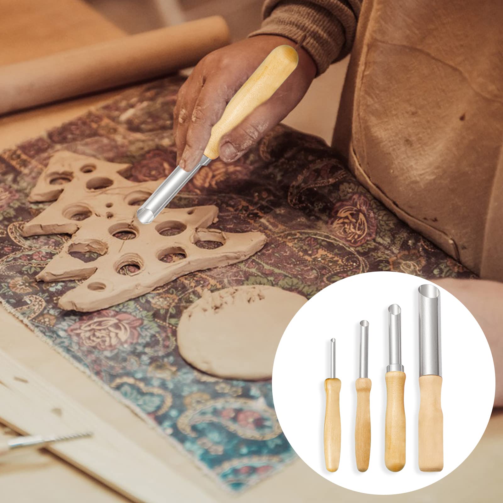 8 Pcs Pottery Clay Tools Set - LyfLux Wooden Circular Hole Cutters, Sculpting Needles, Scrapers & Feather Wire Texture Tools for Ceramics, Sculpture & DIY Art Projects - Perfect for Pottery Making, Clay Modeling & Handcrafting