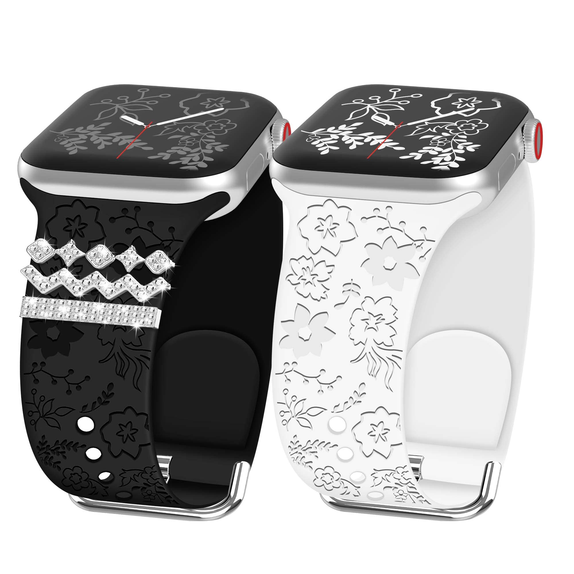 2 Pack Floral Engraved Apple Watch Bands for Women - Soft Silicone Replacement Straps Compatible with iWatch Series 8/7/6/5/4/3/2/1/SE/Ultra (38/40/41/42/44/45/49mm) with Decorative Rings - Perfect for Workouts, Daily Wear & Fashion Accessories