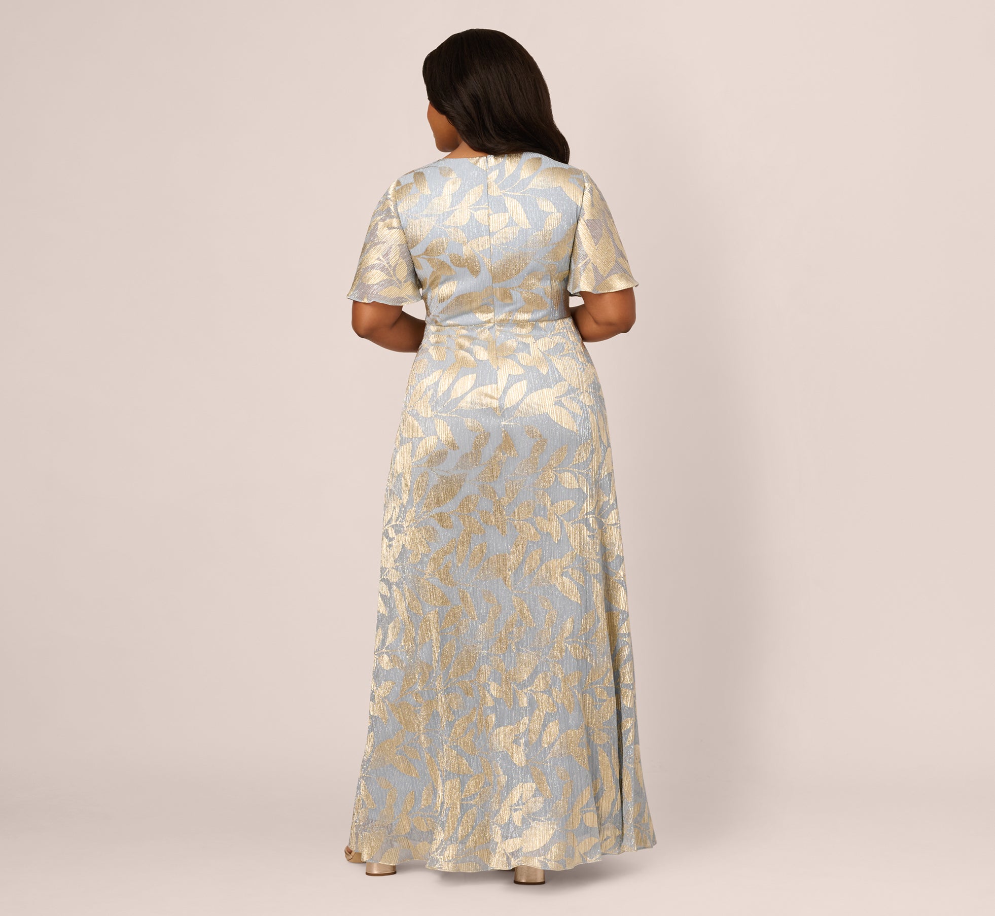 Elegant Plus Size Light Blue Gold Foil Leaf Short Sleeve Gown with Draped Details - Perfect for Weddings, Parties & Special Occasions