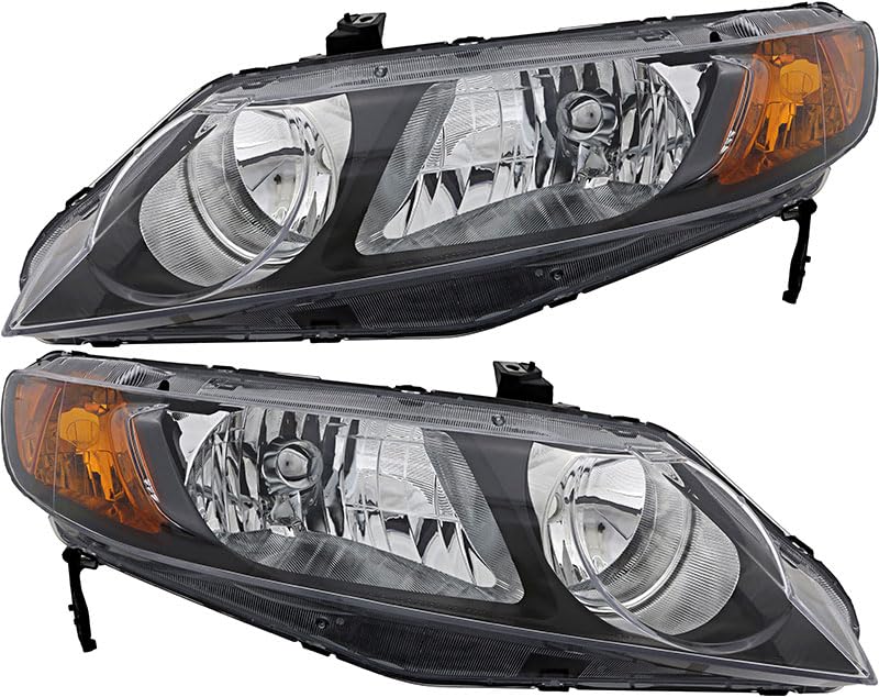 2006-2008 Honda Civic Sedan Headlight Assembly Kit - Halogen Headlamp Replacement for Driver & Passenger Side | Perfect for Night Driving & Road Safety