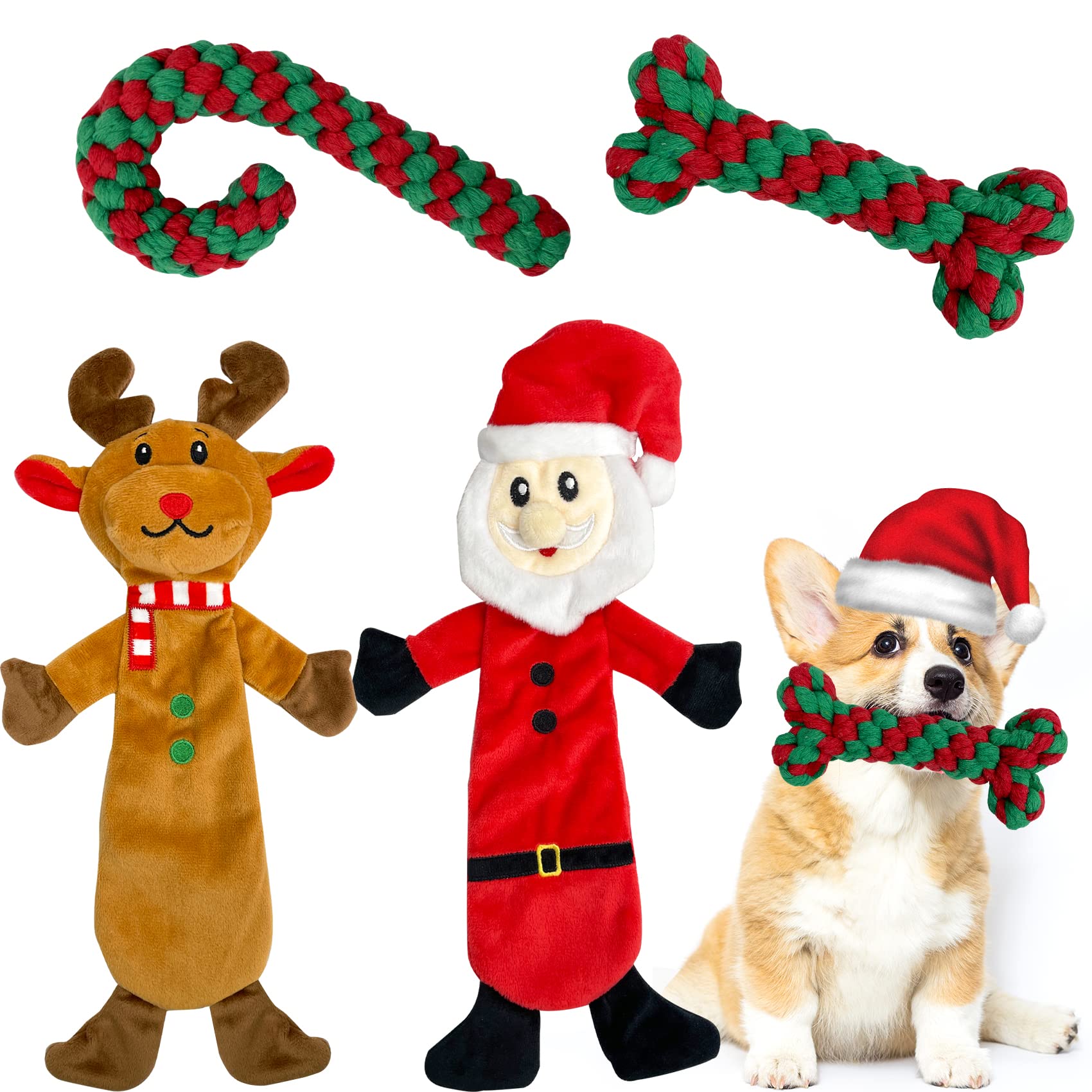 MISS FANTASY Christmas Dog Toys - 4 Pack Stuffless Rope Chew Toys for Aggressive Chewers, Durable Plush Puppy Toys with Squeaker for Large Medium Small Dogs | Holiday Gift for Pets, Interactive Play & Teething Relief