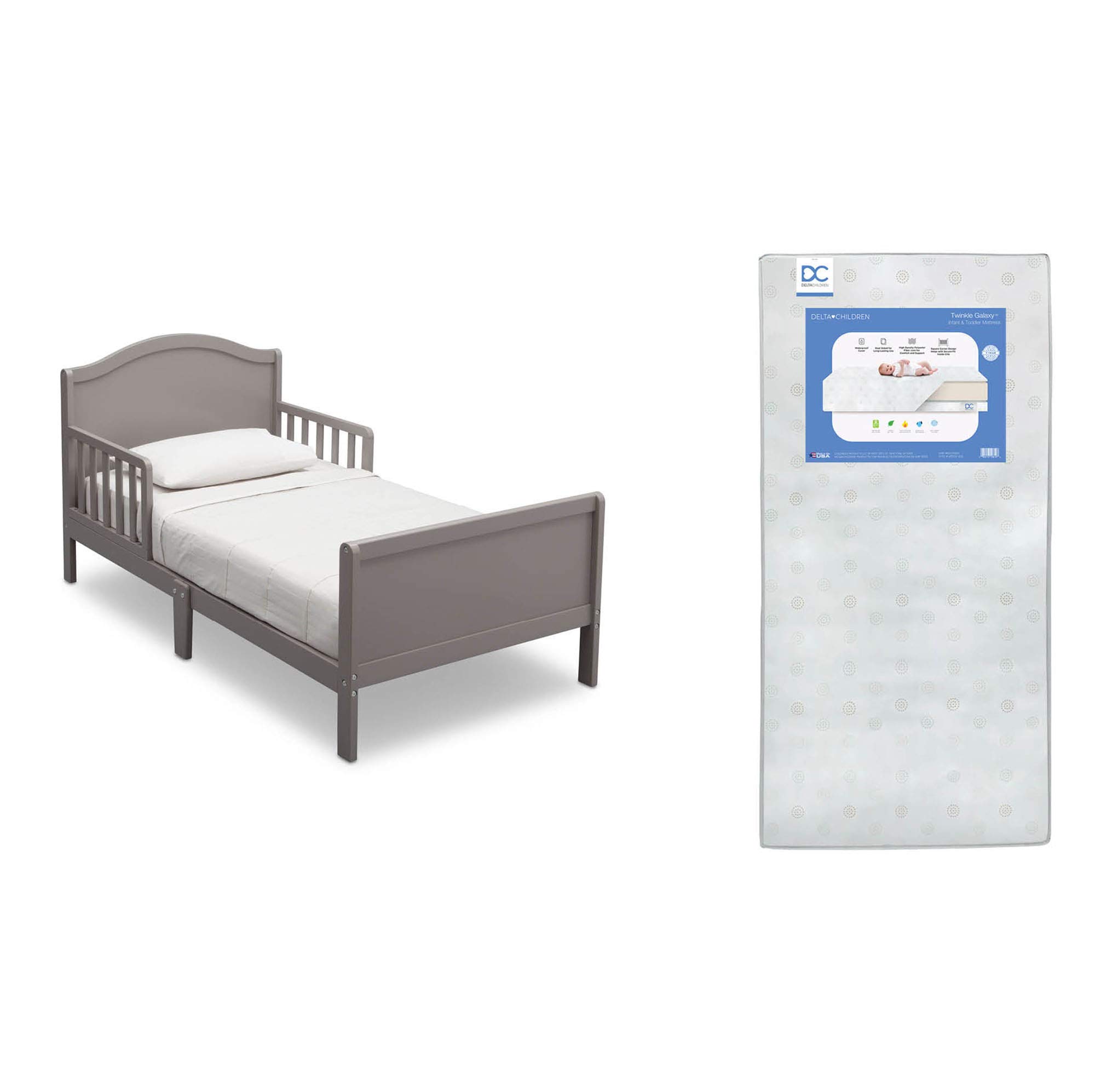 Delta Children Bennett Toddler Bed with Twinkle Galaxy Dual-Sided Mattress - Grey Toddler Bed Set for Kids, Eco-Friendly Recycled Fiber Core, Perfect for Nursery & Bedroom - Safe & Comfortable Sleep Solution for Toddlers