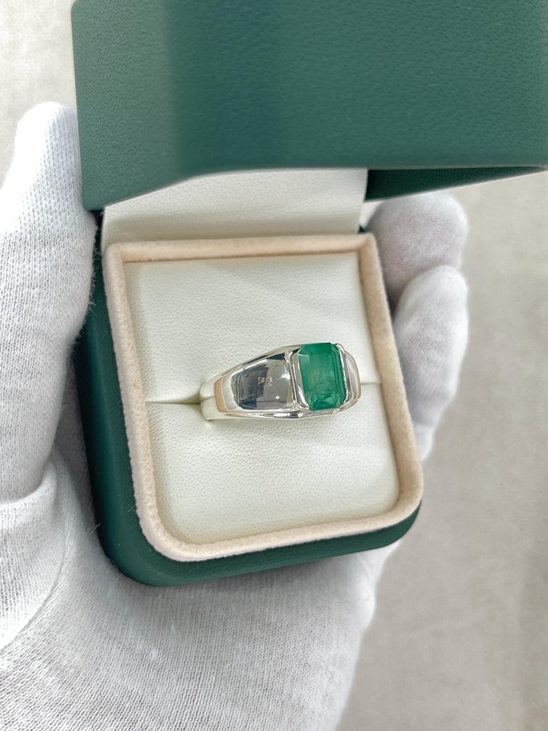 2.75ct Natural Emerald Cut Half Bezel Channel Solitaire Men's Ring in 925 Sterling Silver - Perfect for Weddings, Engagements & Anniversary Gifts