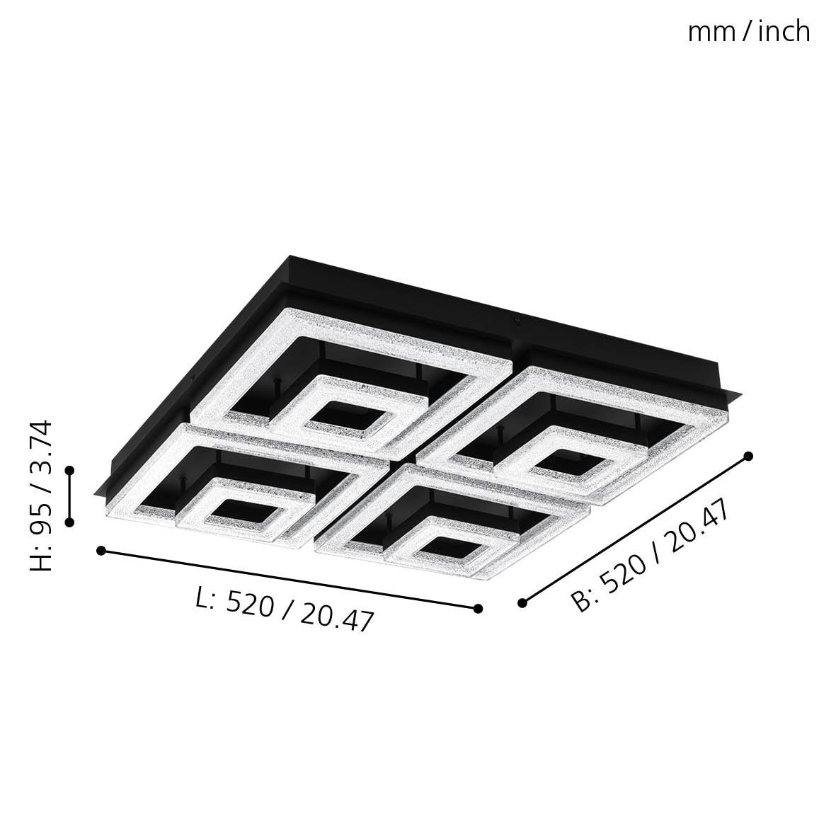 Eglo Fradelo 52cm Square Black & Clear Glass Crystal LED Flush Mount Ceiling Light - Modern Lighting for Bedroom, Living Room, Kitchen & Hallway