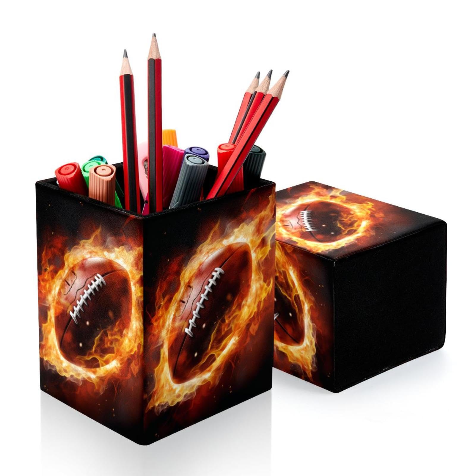 Premium Pen Holder for Desk - Stylish Pen Organizer with American Football & Fire Design - Perfect Desk Accessories for Office, Home & School Use