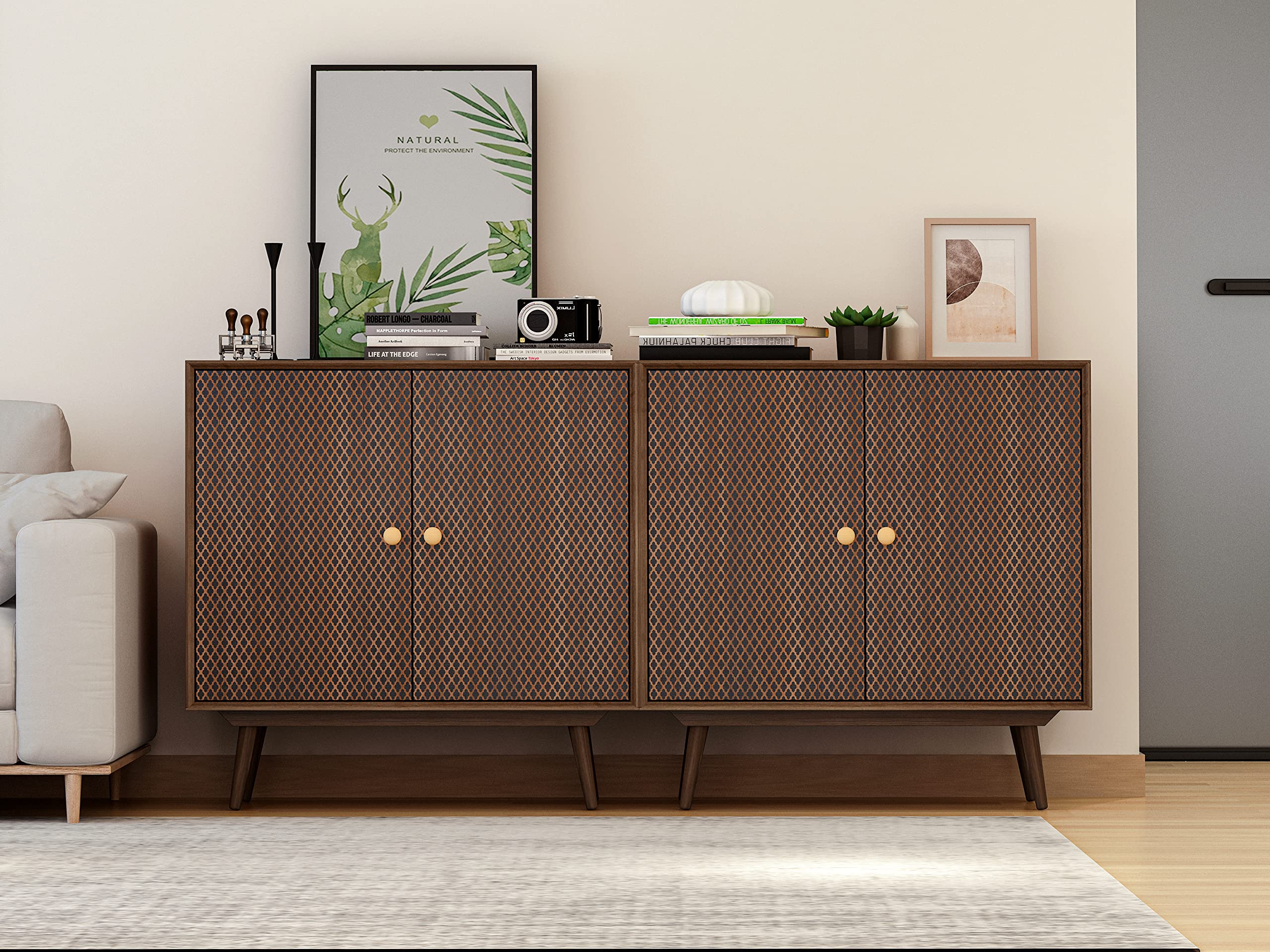 Goujxcy 2-Piece Dark Brown Sideboard Buffet Cabinet - Kitchen Storage Cabinet with Decorative Doors, Liquor Cabinet for Dining Room, Hallway, or Living Room - Perfect for Home Decor and Entertaining