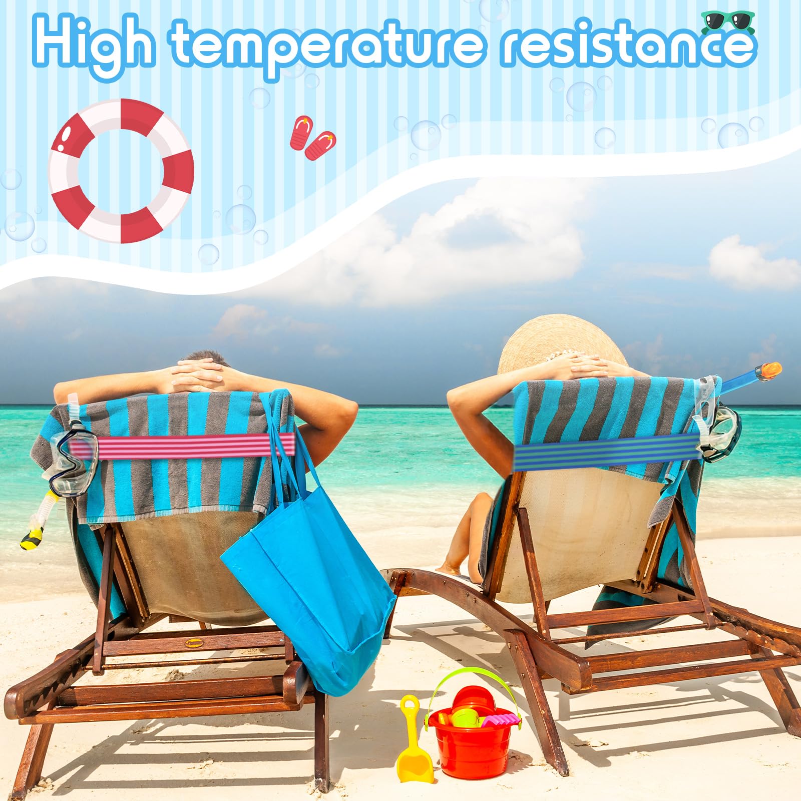 Boao 4-Pack Extra Large 15.75 x 1.97 Inch Windproof Elastic Towel Bands for Beach Chairs, Pool Loungers & Cruise Deck Chairs - Durable Strap Clips for Summer, Vacation & Hawaiian-Themed Accessories (Striped Pattern) - Perfect for Securing Towels at Resorts, Hotels and Backyard Pools