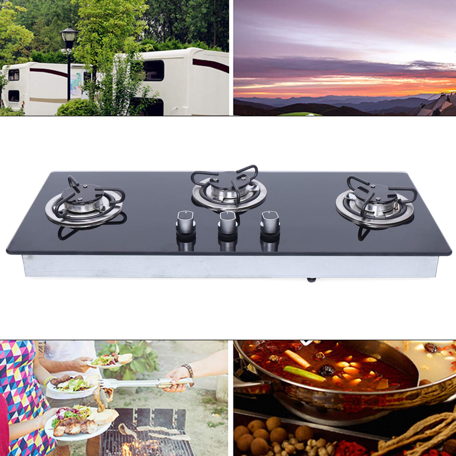 3 Burner LPG Gas Stove Hob - Black Tempered Glass RV Stove with 3D Air Intake Structure & Knob Control for RV, Boat, Caravan, Camper (Square) | Perfect for Outdoor Cooking, Camping Trips & Mobile Living